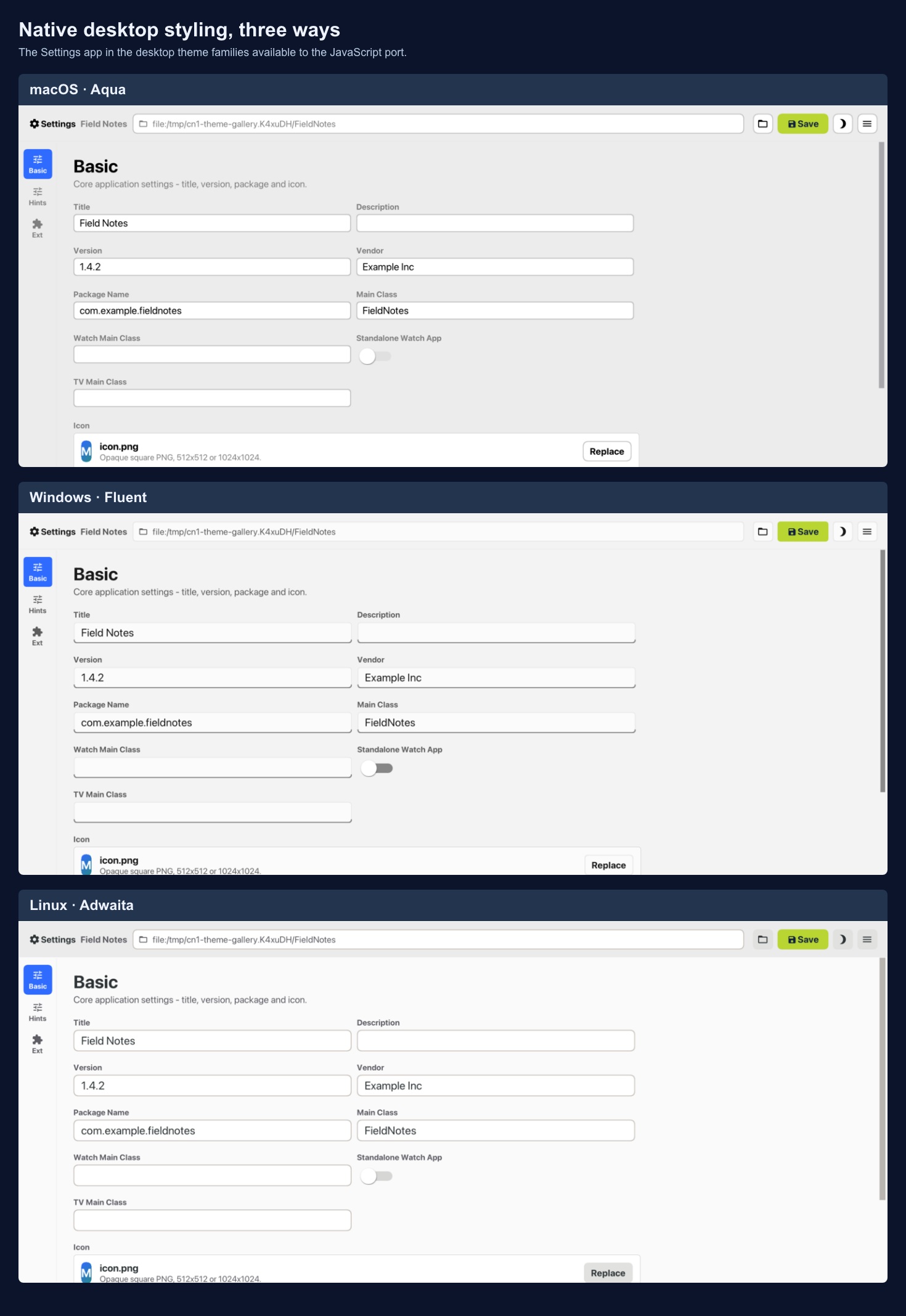 The same Settings form with macOS, Windows and Linux desktop styling
