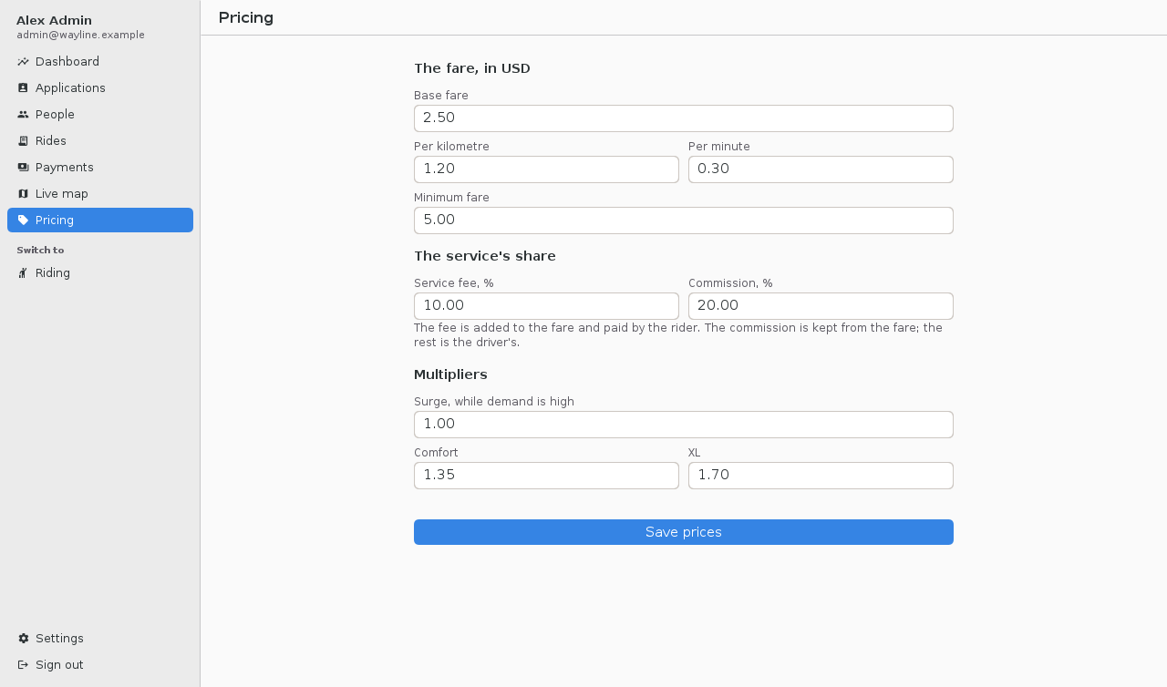 The pricing form with the base fare, the price by kilometer and minute, the minimum fare, the service fee and commission, and the multipliers