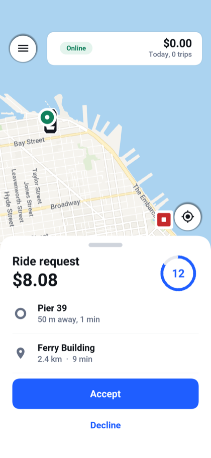 The driver screen with a ride request: the fare, a countdown ring, the pickup and destination, and buttons to accept or decline