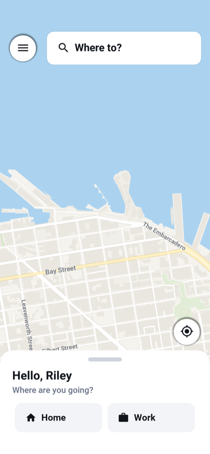 The rider home screen: a map of the city with a search card at the top and shortcuts for home and work at the bottom
