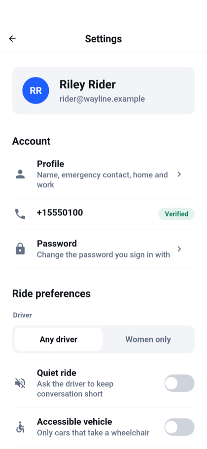 The settings screen with the account’s profile, verified phone number and password, followed by the ride preferences